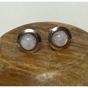 Vintage Silver-Tone Opalescent Round Cuff Links